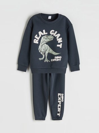 LCW Kids Charcoal Crew Neck Dinosaur Print Boys Sweatshirt and Pants Set