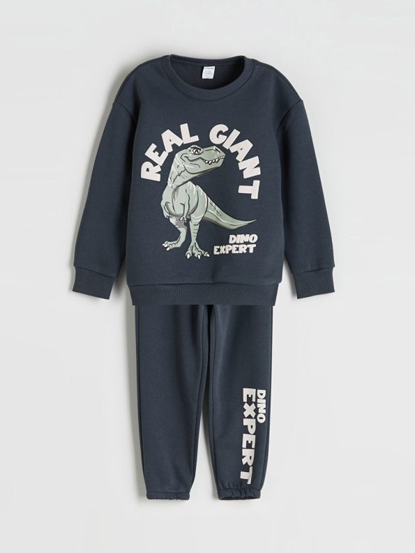 LCW Kids Charcoal Crew Neck Dinosaur Print Boys Sweatshirt and Pants Set