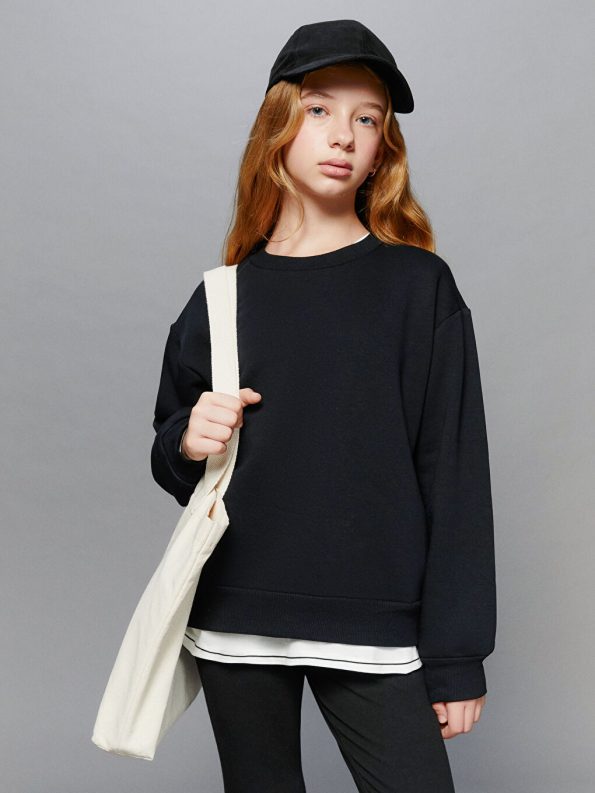LCW Kids Black Crew Neck Girls Sweatshirt