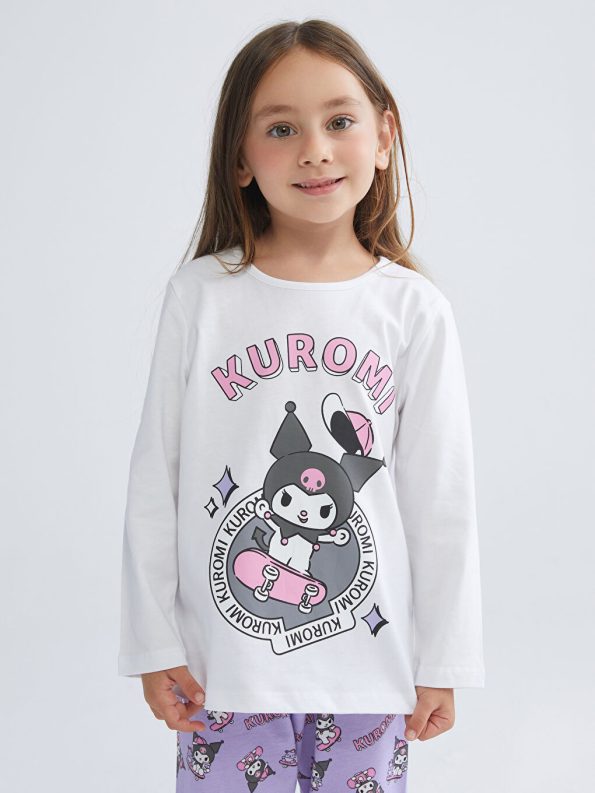 LCW Kids White Crew Neck Kuromi Printed Pajama Set for Girls