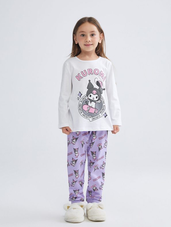LCW Kids White Crew Neck Kuromi Printed Pajama Set for Girls