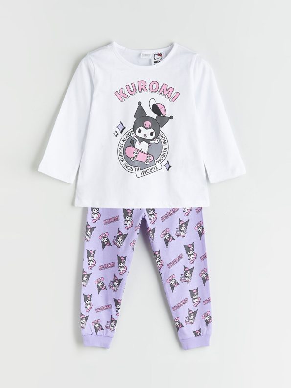 LCW Kids White Crew Neck Kuromi Printed Pajama Set for Girls