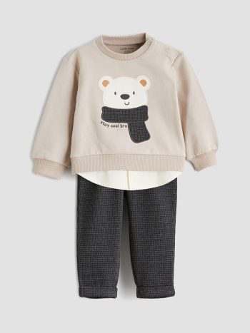 LCW Baby Beige Printed Boys Sweatshirt and Pants Set