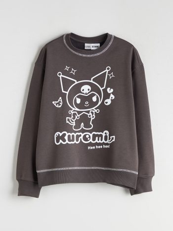 LCW Kids Anthracite Crew Neck Kuromi Printed Girl's Sweatshirt
