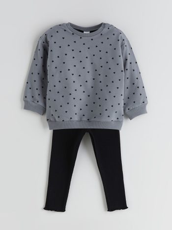 Graphic Print Crew Neck Sweatshirt and Leggings Set for Baby Girls