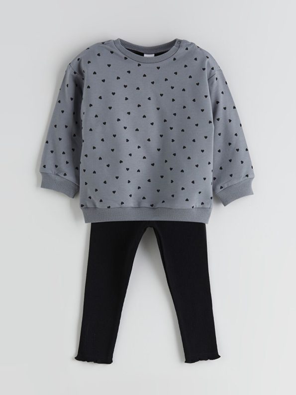 Graphic Print Crew Neck Sweatshirt and Leggings Set for Baby Girls