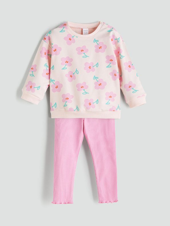 Printed Crew Neck Sweatshirt and Leggings Set for Baby Girls