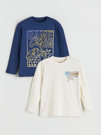 LCW Kids Beige Crew Neck Printed Long Sleeve T-Shirt Set for Boys