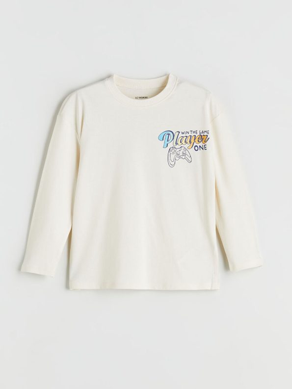LCW Kids Beige Crew Neck Printed Long Sleeve T-Shirt Set for Boys