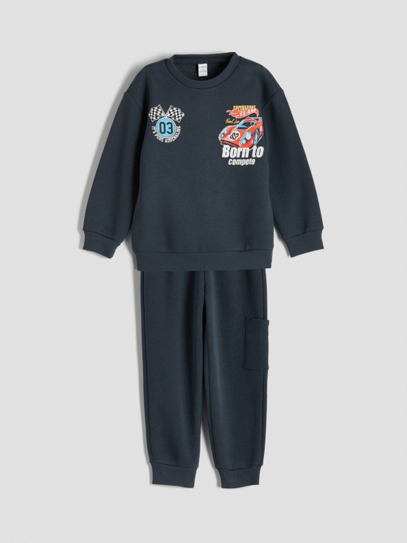 LCW Kids Anthracite Crew Neck Printed Boys Sweatshirt and Sweatpants Set