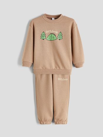 LCW ECO Beige Printed Boys Sweatshirt and Sweatpants Set