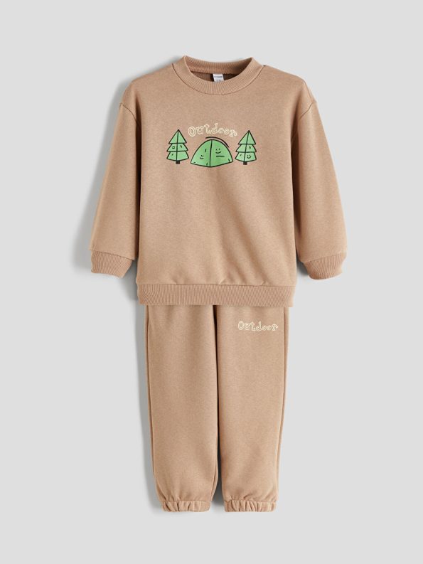 LCW ECO Beige Printed Boys Sweatshirt and Sweatpants Set