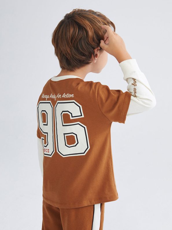 LCW Kids Brown Printed Crew Neck Long Sleeve T-Shirt for Boys