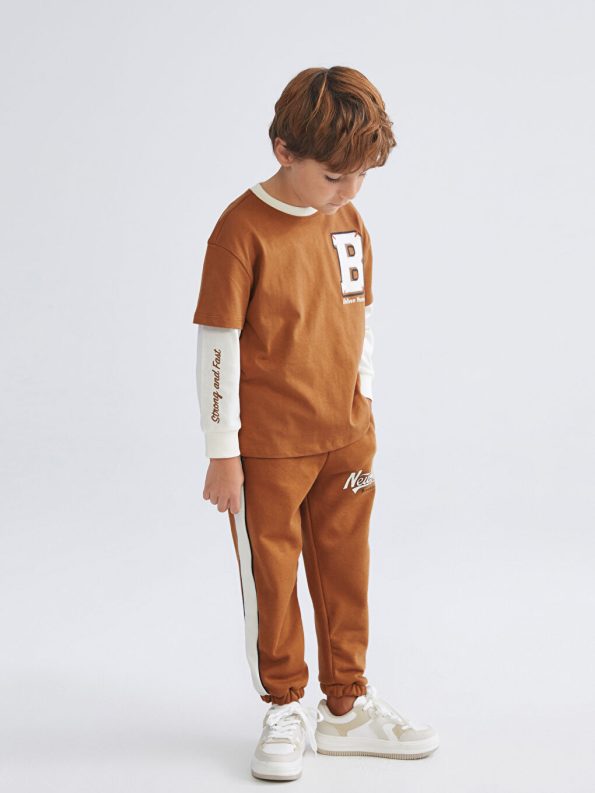 LCW Kids Brown Printed Crew Neck Long Sleeve T-Shirt for Boys