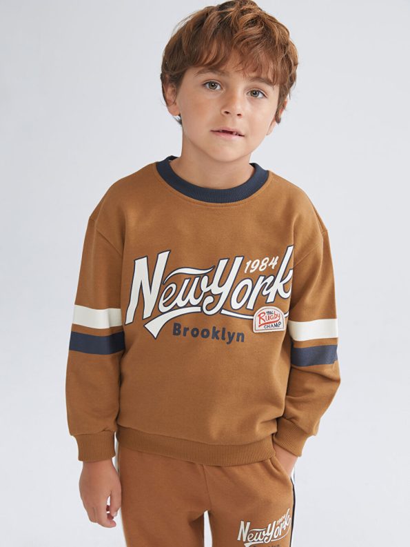 LCW Kids Brown Crew Neck Printed Long Sleeve Sweatshirt for Boys