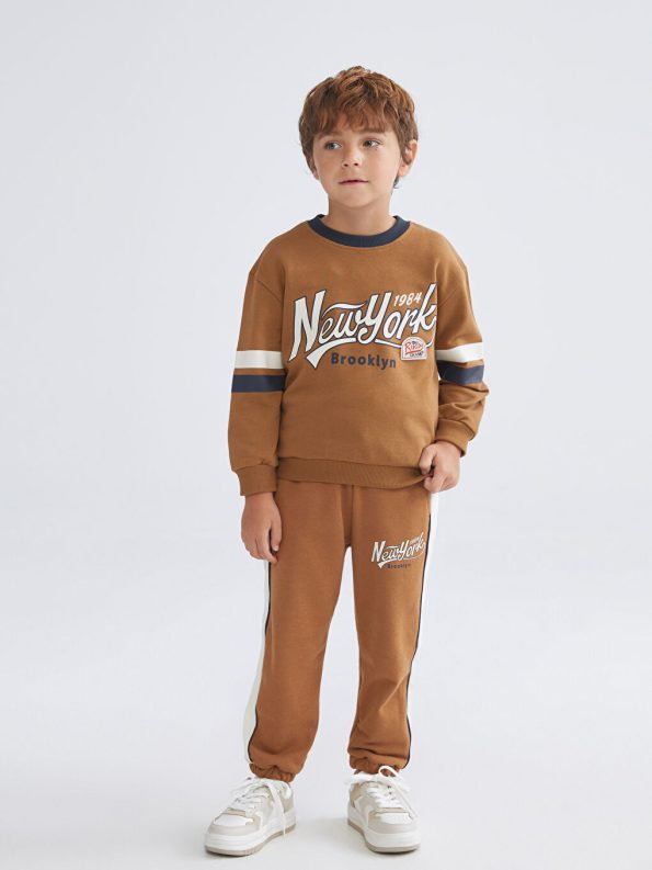 LCW Kids Brown Crew Neck Printed Long Sleeve Sweatshirt for Boys