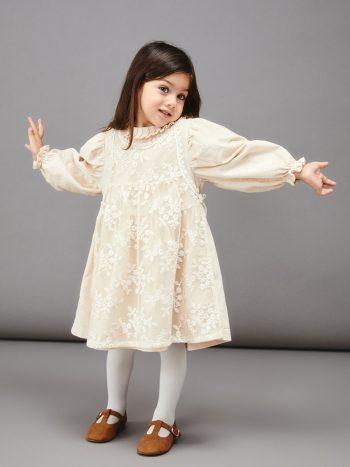 LCW baby Bej Bisiklet Yaka Çiçekli Kız Bebek Elbise