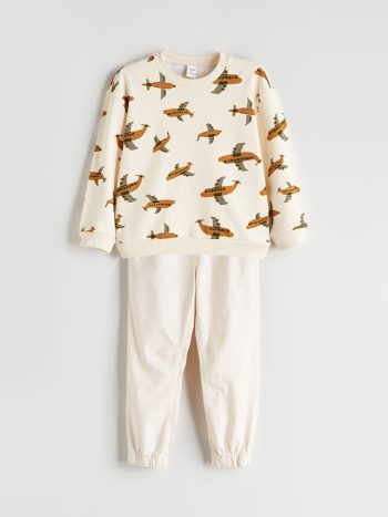 LCW ECO Cream Printed Boys Sweatshirt and Pants Set