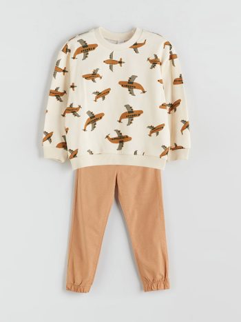 LCW ECO Cream Printed Boys' Sweatshirt and Jogger Set