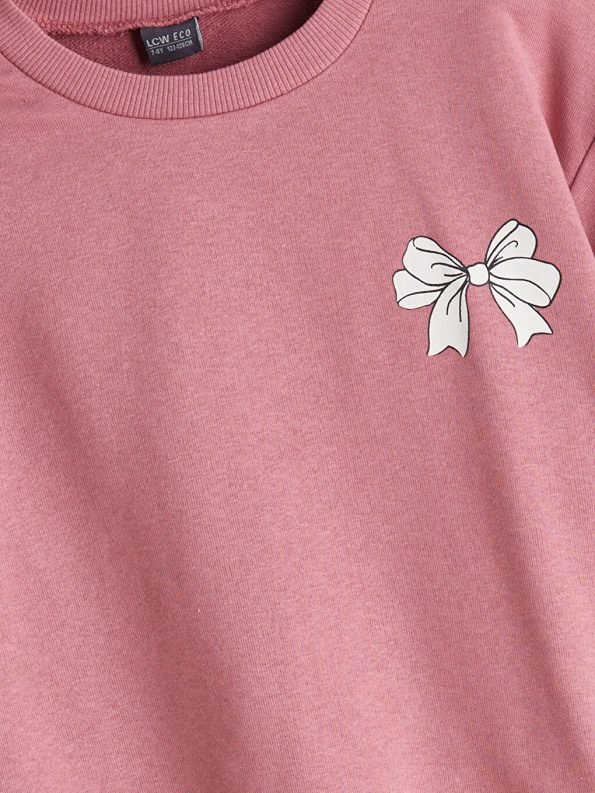 LCW Eco Pink Bow Print Crew Neck Sweatshirt for Girls