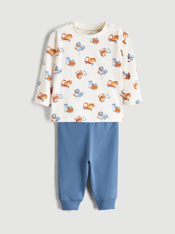 LCW Baby Cream Crew Neck Boys T-Shirt and Sweatpants