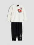LCW Kids Beige Bicycle Neck Long Sleeve Car Print Sweatshirt and Pants Set