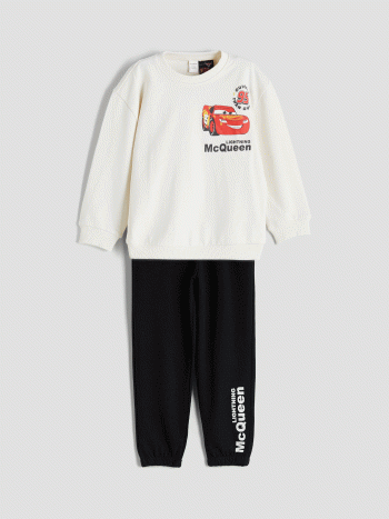 LCW Kids Beige Bicycle Neck Long Sleeve Car Print Sweatshirt and Pants Set
