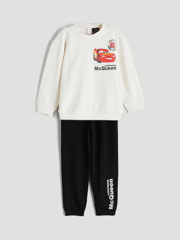 LCW Kids Beige Bicycle Neck Long Sleeve Car Print Sweatshirt and Pants Set