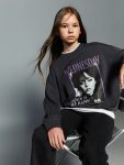 LCW Kids Grey Round Neck Wednesday Printed Girl's Sweatshirt