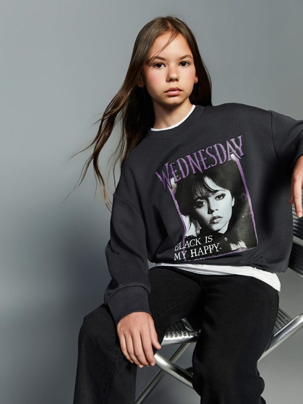 LCW Kids Grey Round Neck Wednesday Printed Girl's Sweatshirt