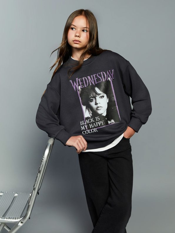LCW Kids Grey Round Neck Wednesday Printed Girl's Sweatshirt