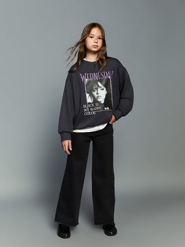 LCW Kids Grey Round Neck Wednesday Printed Girl's Sweatshirt