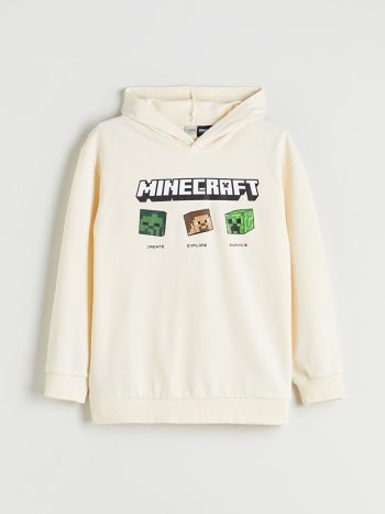 LCW Kids Beige Hooded Minecraft Printed Boys Sweatshirt