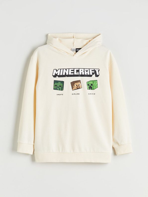 LCW Kids Beige Hooded Minecraft Printed Boys Sweatshirt