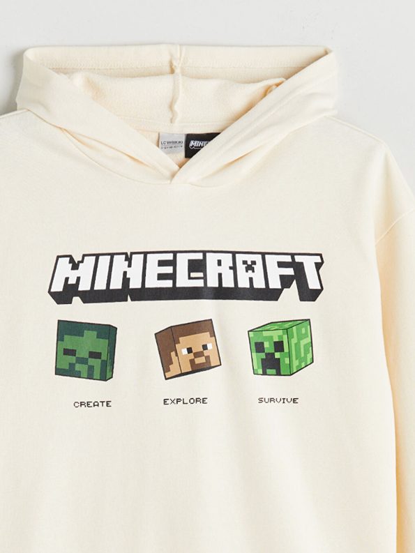 LCW Kids Beige Hooded Minecraft Printed Boys Sweatshirt