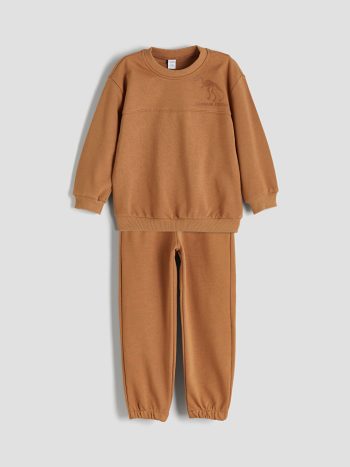 LCW Kids Brown Dinosaur Print Crew Neck Sweatshirt and Jogger Set