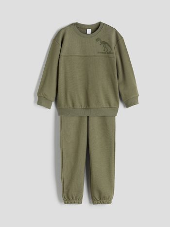 LCW Kids Haki Dinosaur Print Boys Sweatshirt and Jogger Set