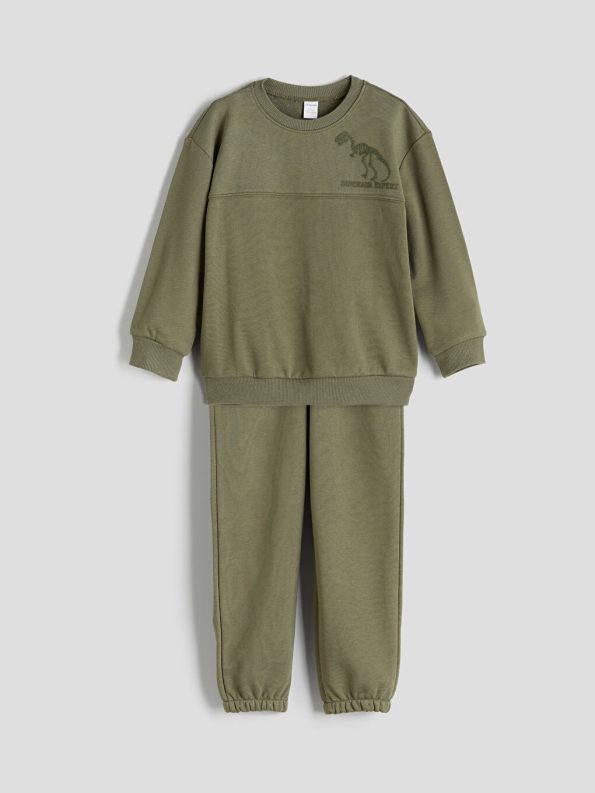 LCW Kids Haki Dinosaur Print Boys Sweatshirt and Jogger Set