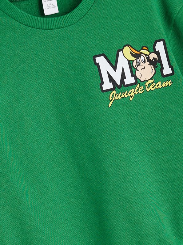 LCW Kids Green Nostalgic Monkey Print Crew Neck Sweatshirt for Boys