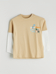 LCW Kids Beige Crew Neck Nostalgic Monkey Print Boys T-Shirt