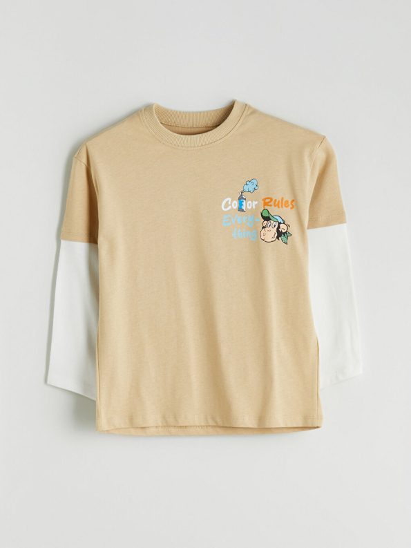 LCW Kids Beige Crew Neck Nostalgic Monkey Print Boys T-Shirt