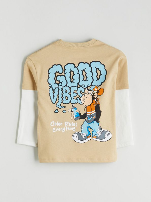 LCW Kids Beige Crew Neck Nostalgic Monkey Print Boys T-Shirt