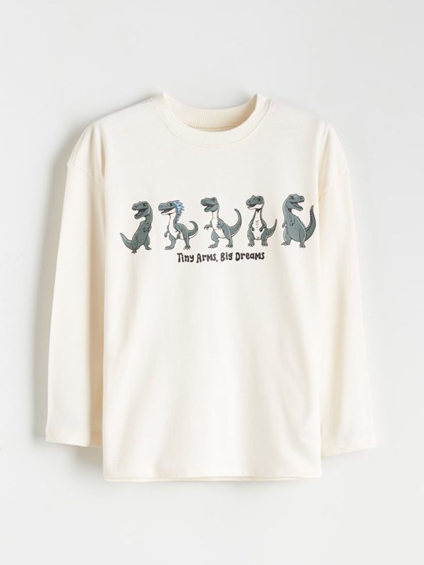 LCW Kids Beige Dinosaur Print Crew Neck Sweatshirt