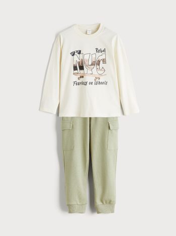 LCW Kids Beige Crew Neck Boys T-Shirt and Sweatpants