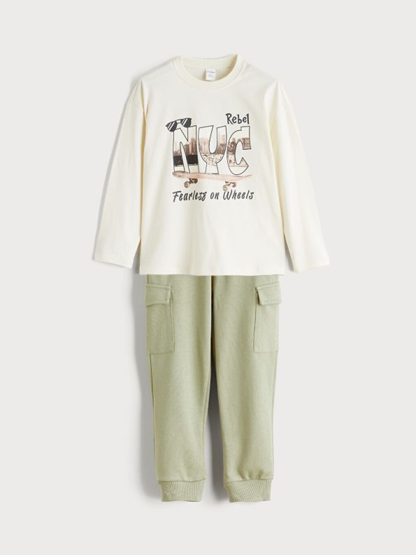 LCW Kids Beige Crew Neck Boys T-Shirt and Sweatpants