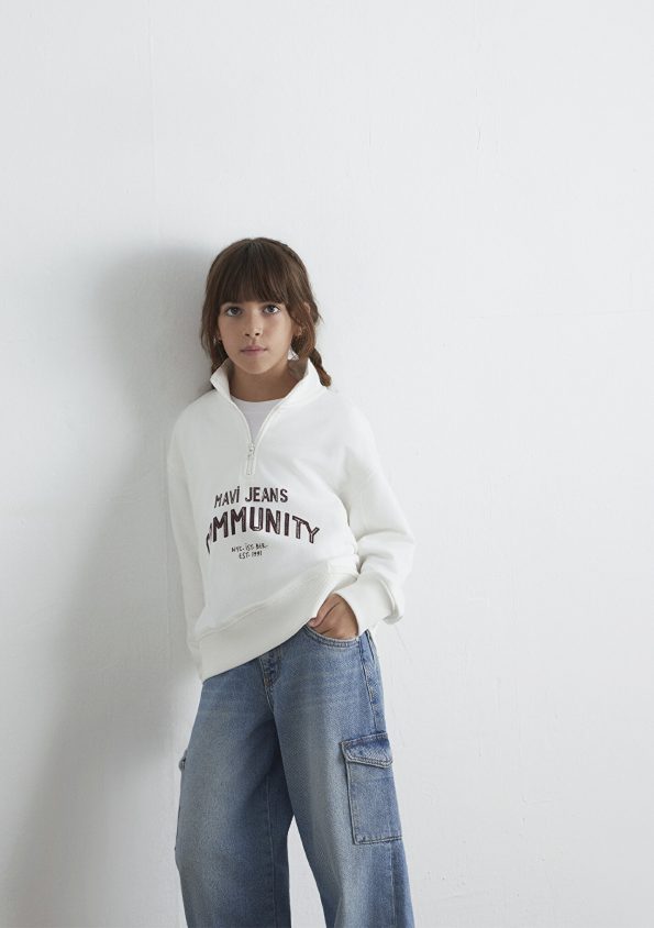 Printed Half-Zip Ecru Sweatshirt