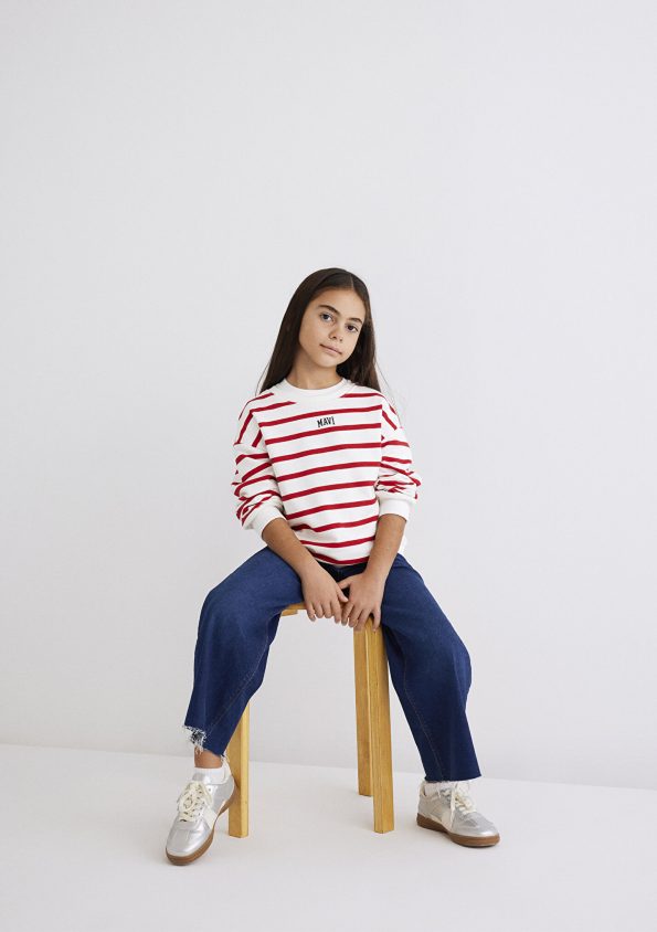 Red Striped Sweatshirt with Blue Logo Print