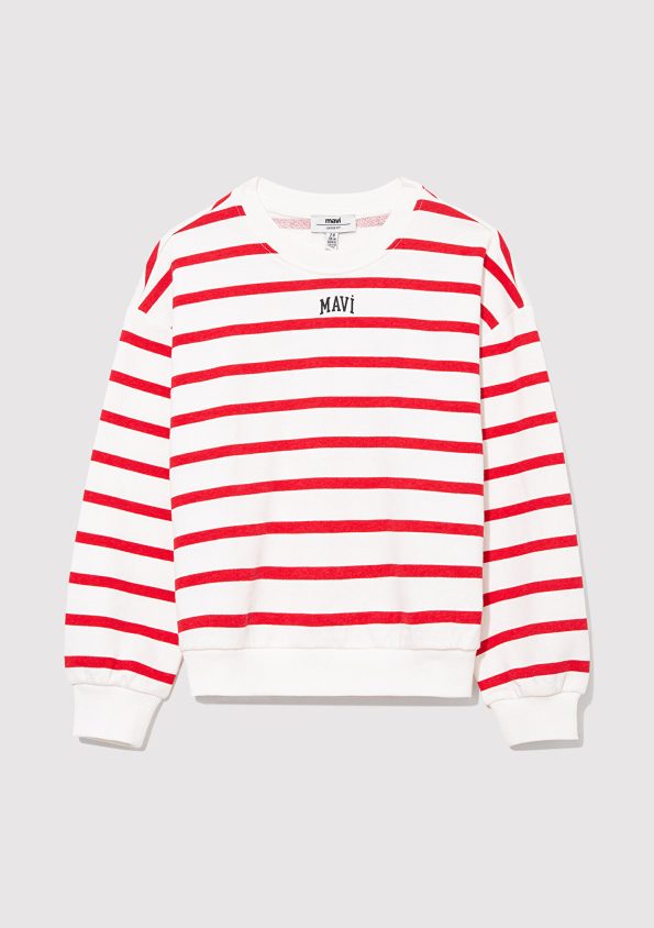 Red Striped Sweatshirt with Blue Logo Print
