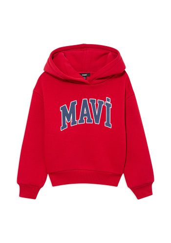 Red Hoodie with Blue Logo Print