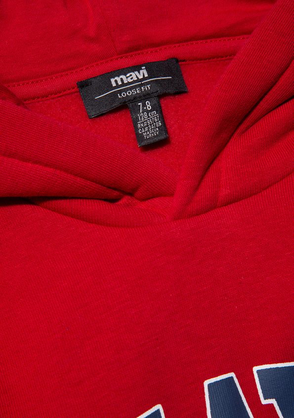 Red Hoodie with Blue Logo Print